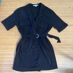 Black Cinch Viscose Linen Waist Belted Mini Shirt Dress